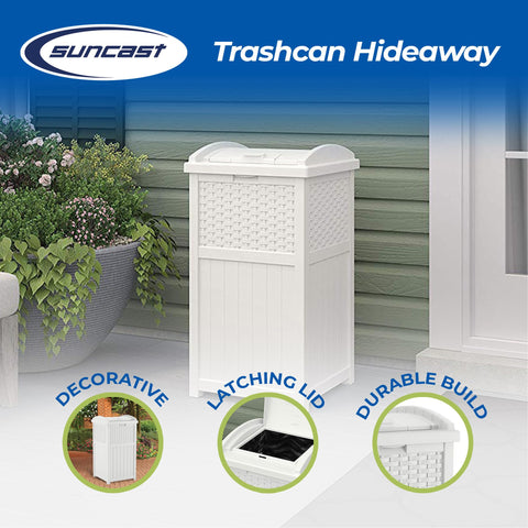 Suncast Hideaway trash can with decorative wicker design for outdoor spaces.