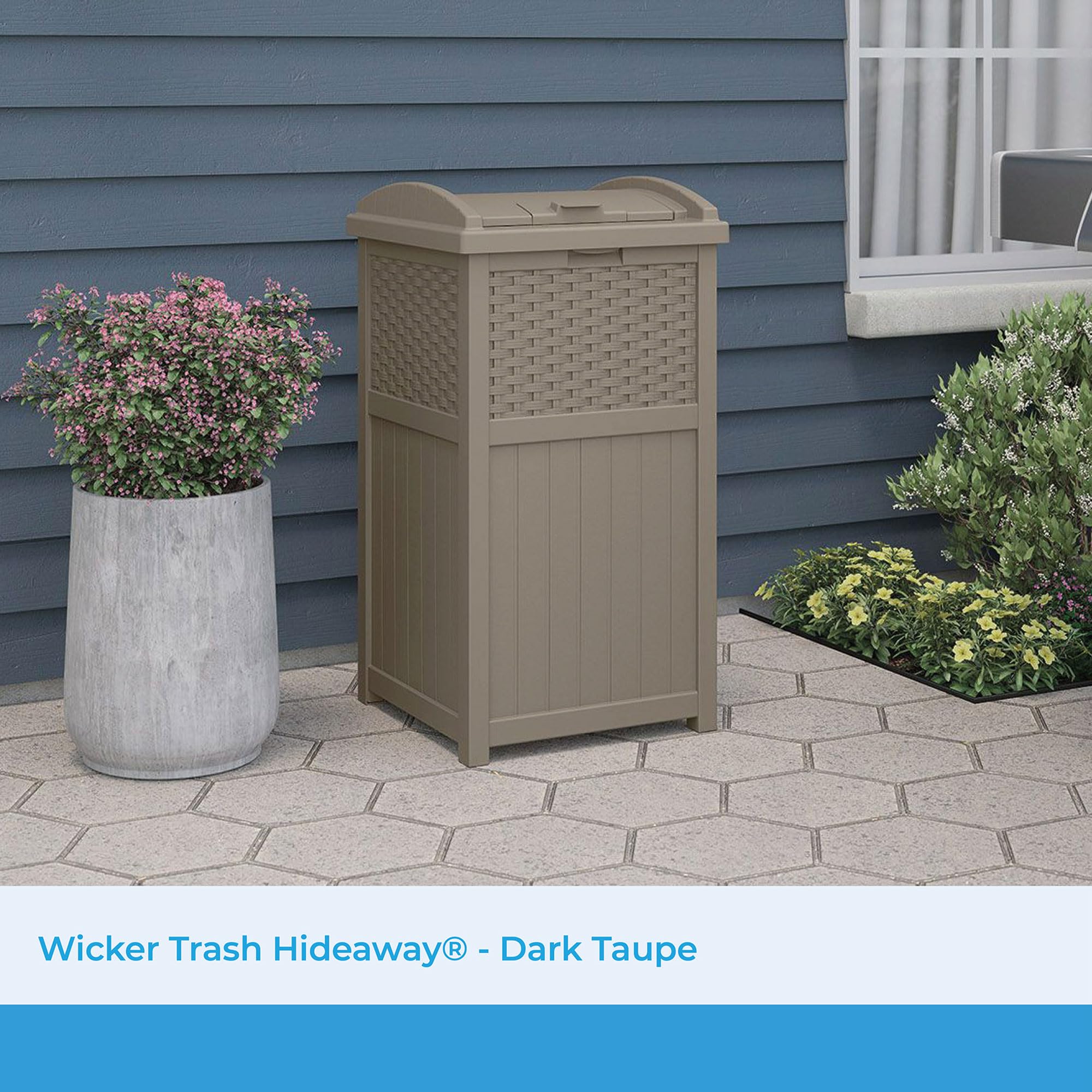 Suncast Hideaway wicker-style bin blends with patio decor.