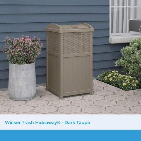 Suncast Hideaway wicker-style bin blends with patio decor.