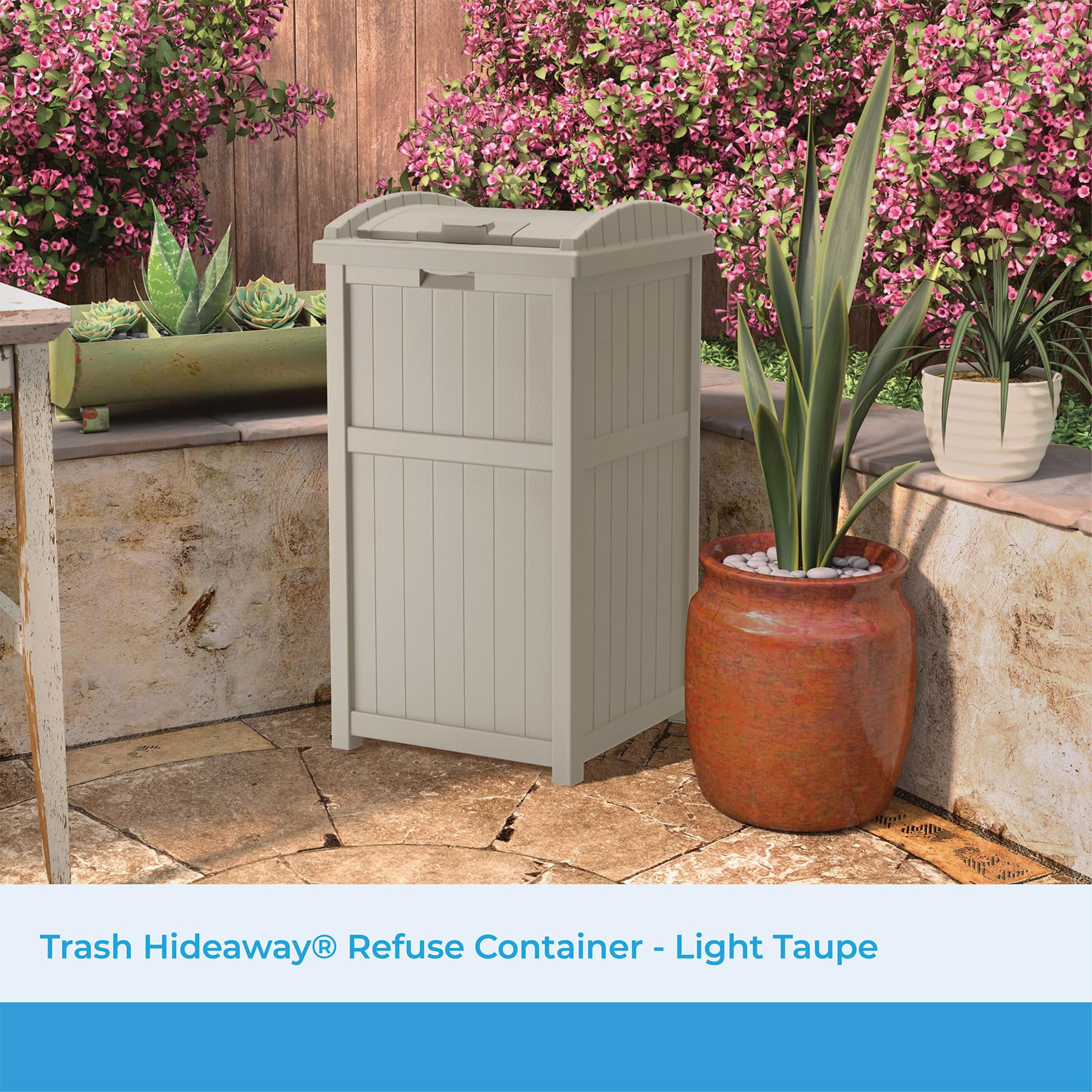 Suncast Hideaway wicker-style design blends with patio furniture