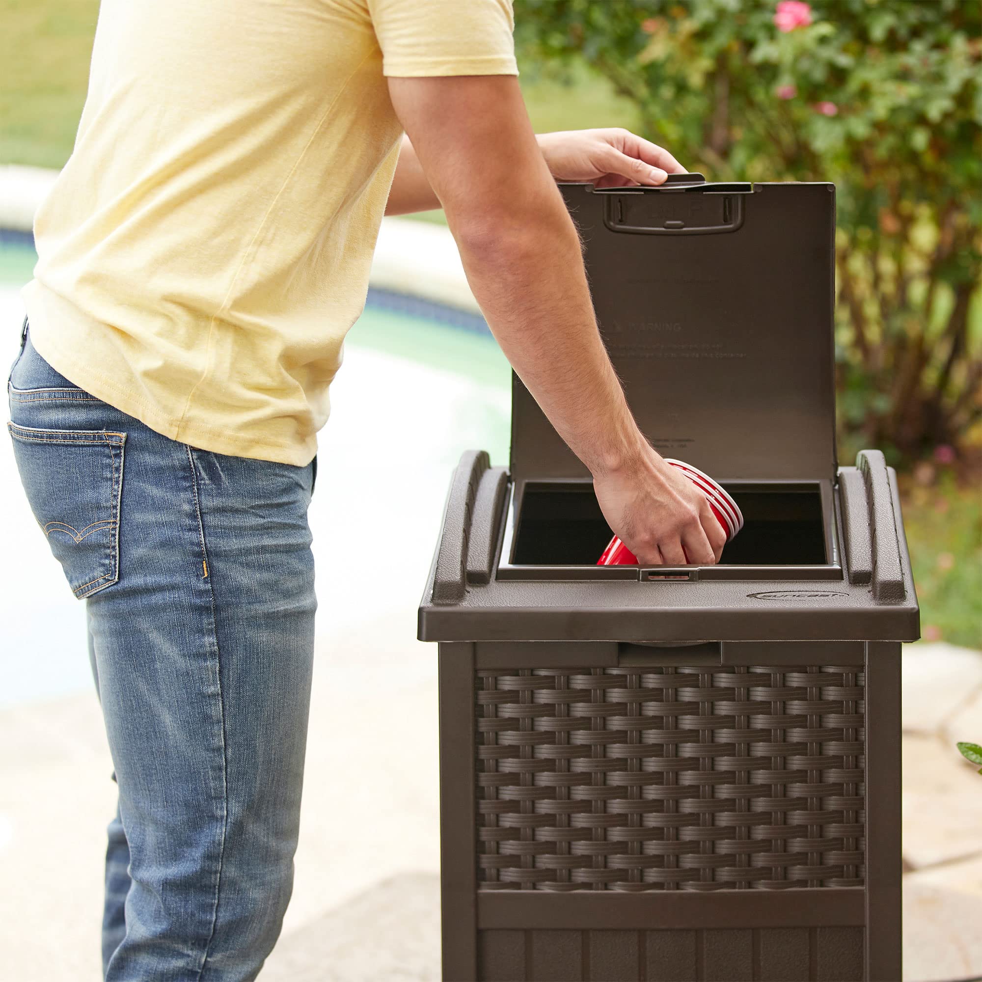 Suncast outdoor trash can lid showcases secure latch to deter pests.