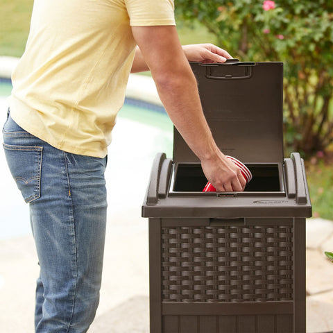 Suncast outdoor trash can lid showcases secure latch to deter pests.