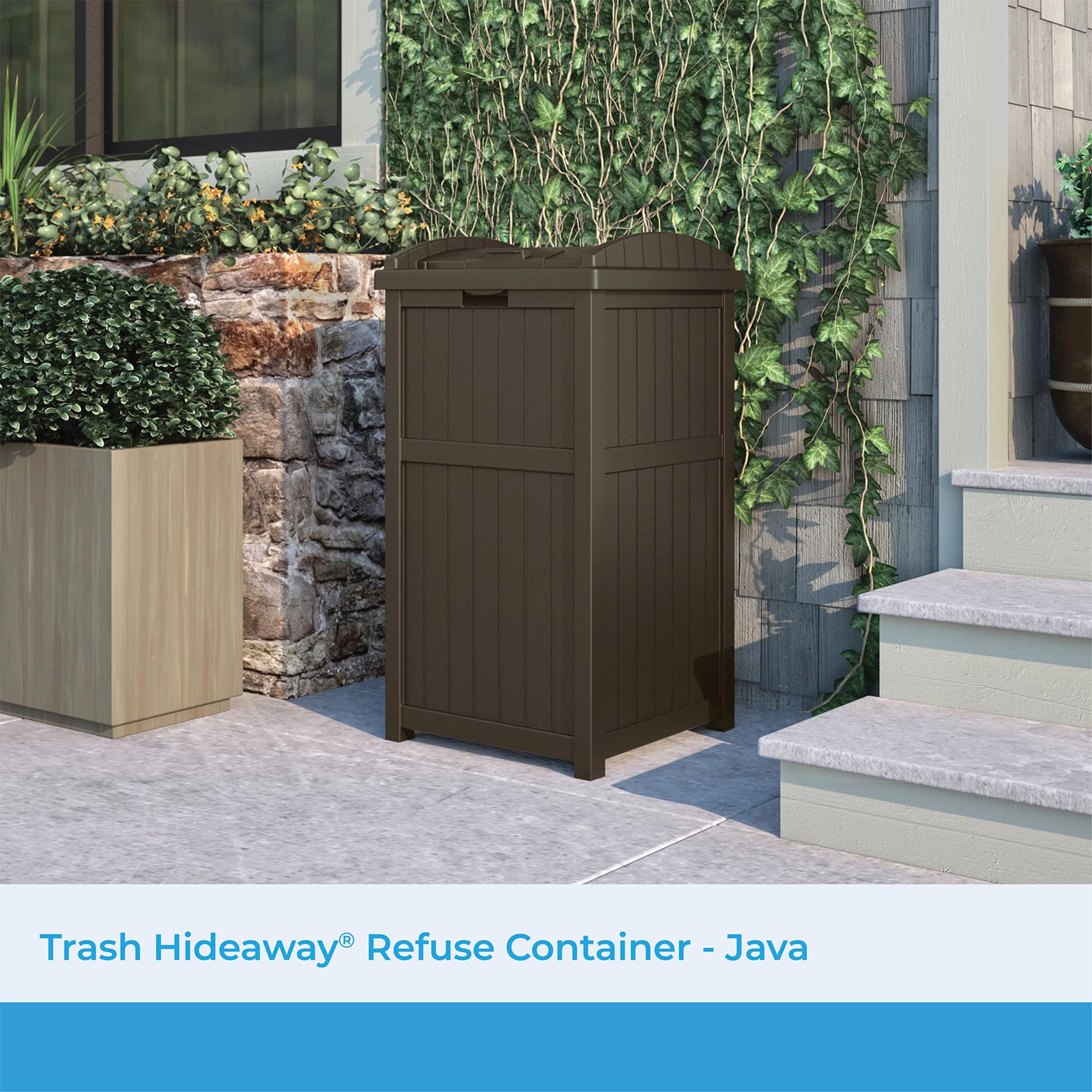 Wicker-style finish of Suncast Hideaway complements outdoor furniture