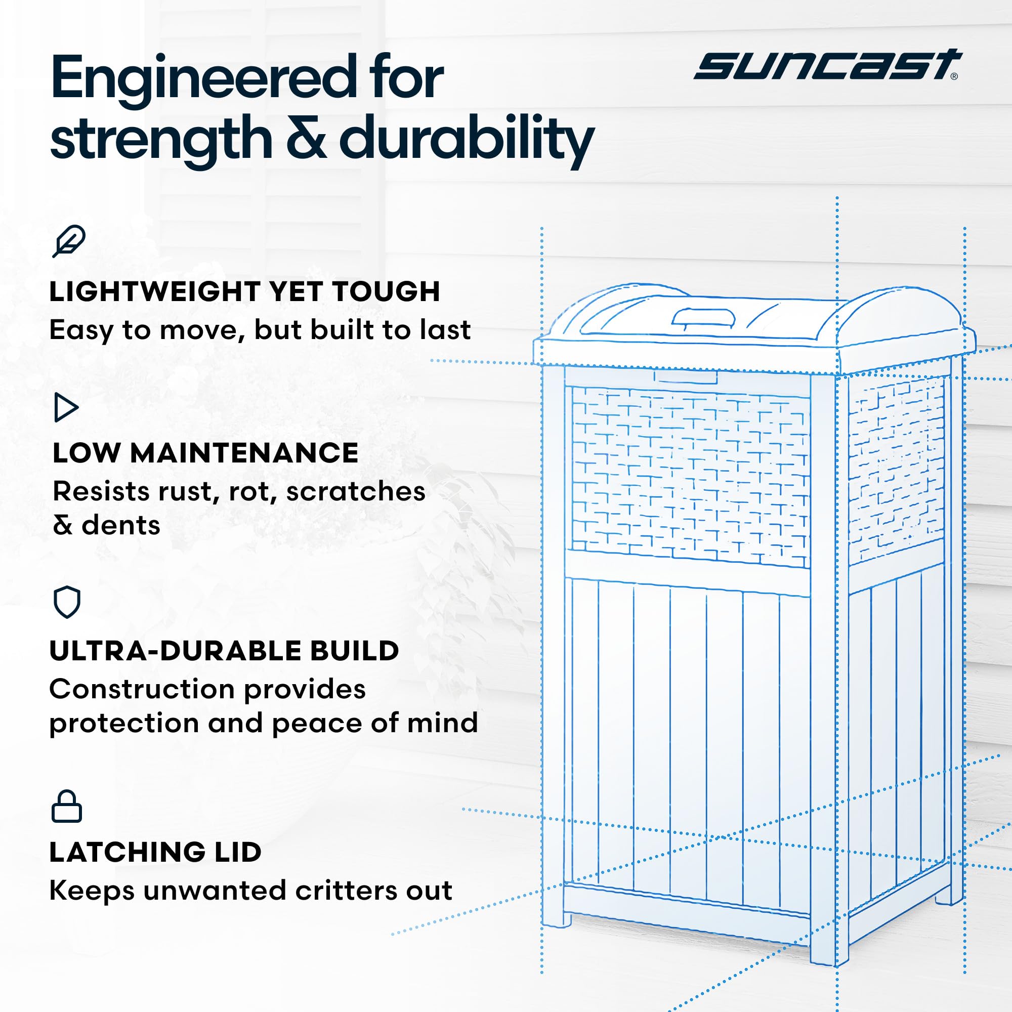 Suncast wicker-style appearance blends with deck furniture.