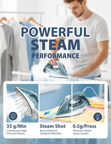 Sundu iron demonstrates adjustable steam dial control for fabric care.