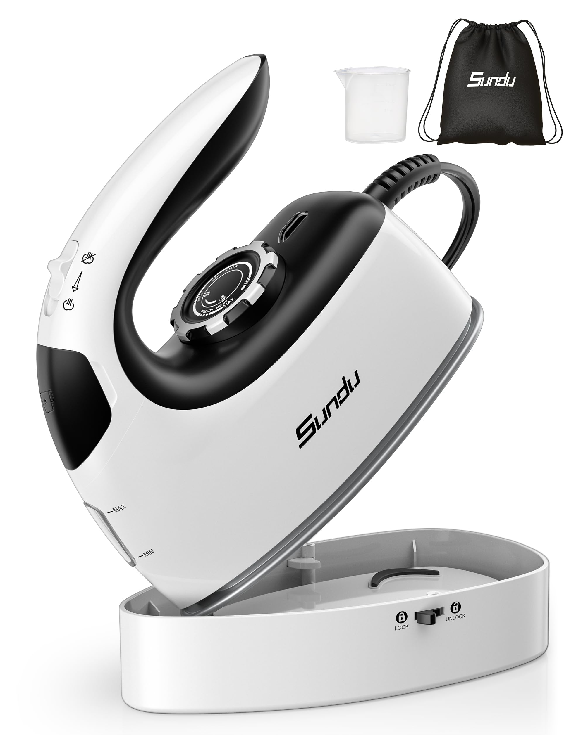 Sundu 1000W mini travel iron with lockable safe storage for compact packing.
