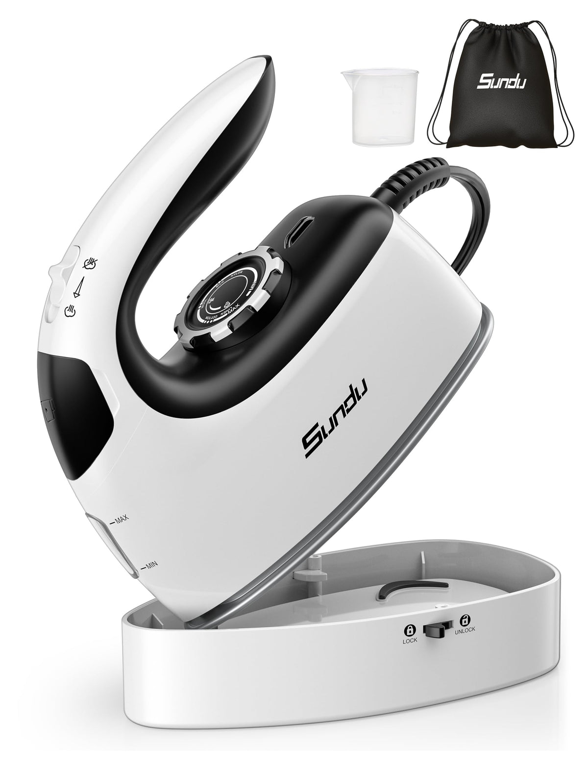 Sundu 1000W mini travel iron with lockable safe storage for compact packing.