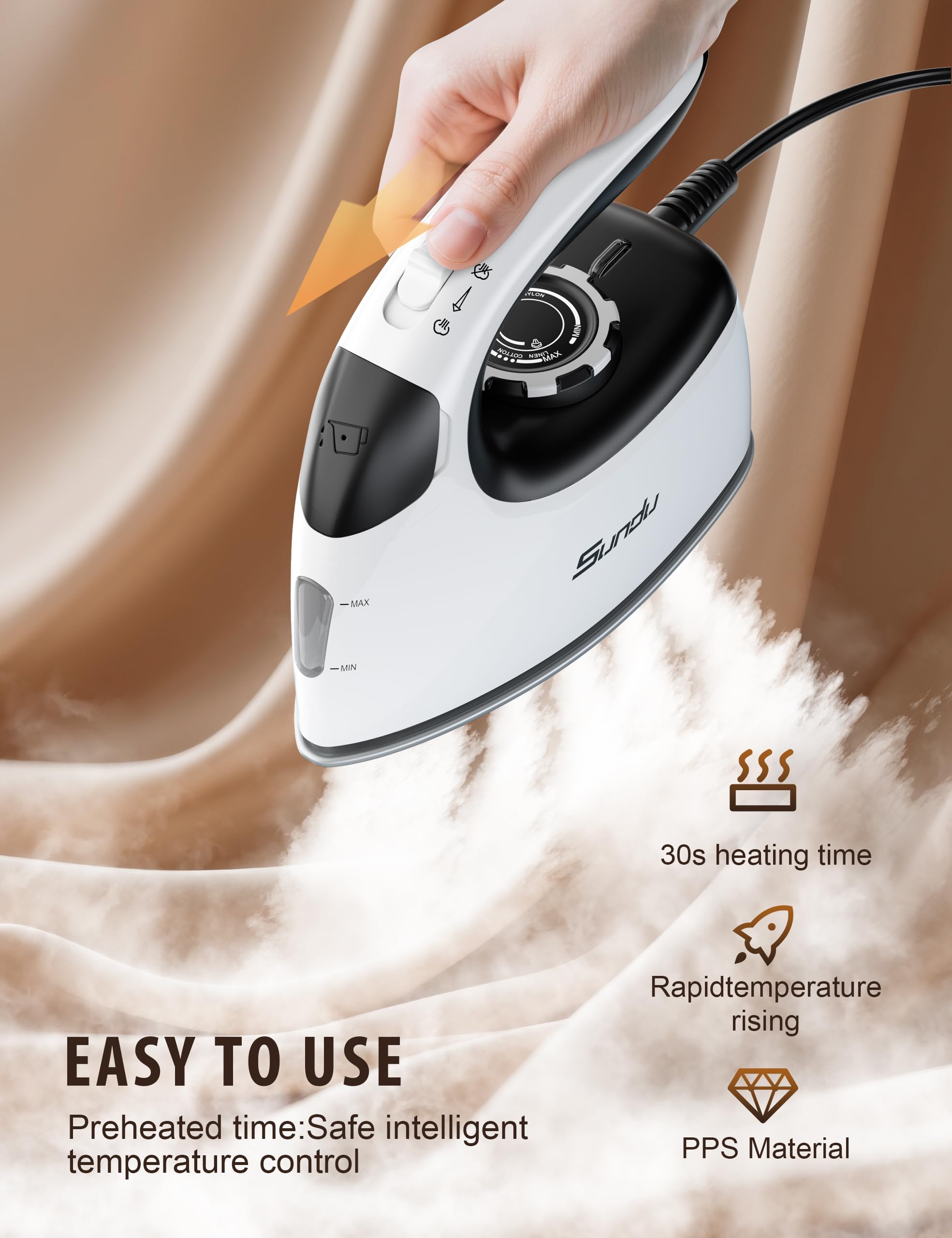 Sundu precision-tip design helps smooth around buttons and collars.