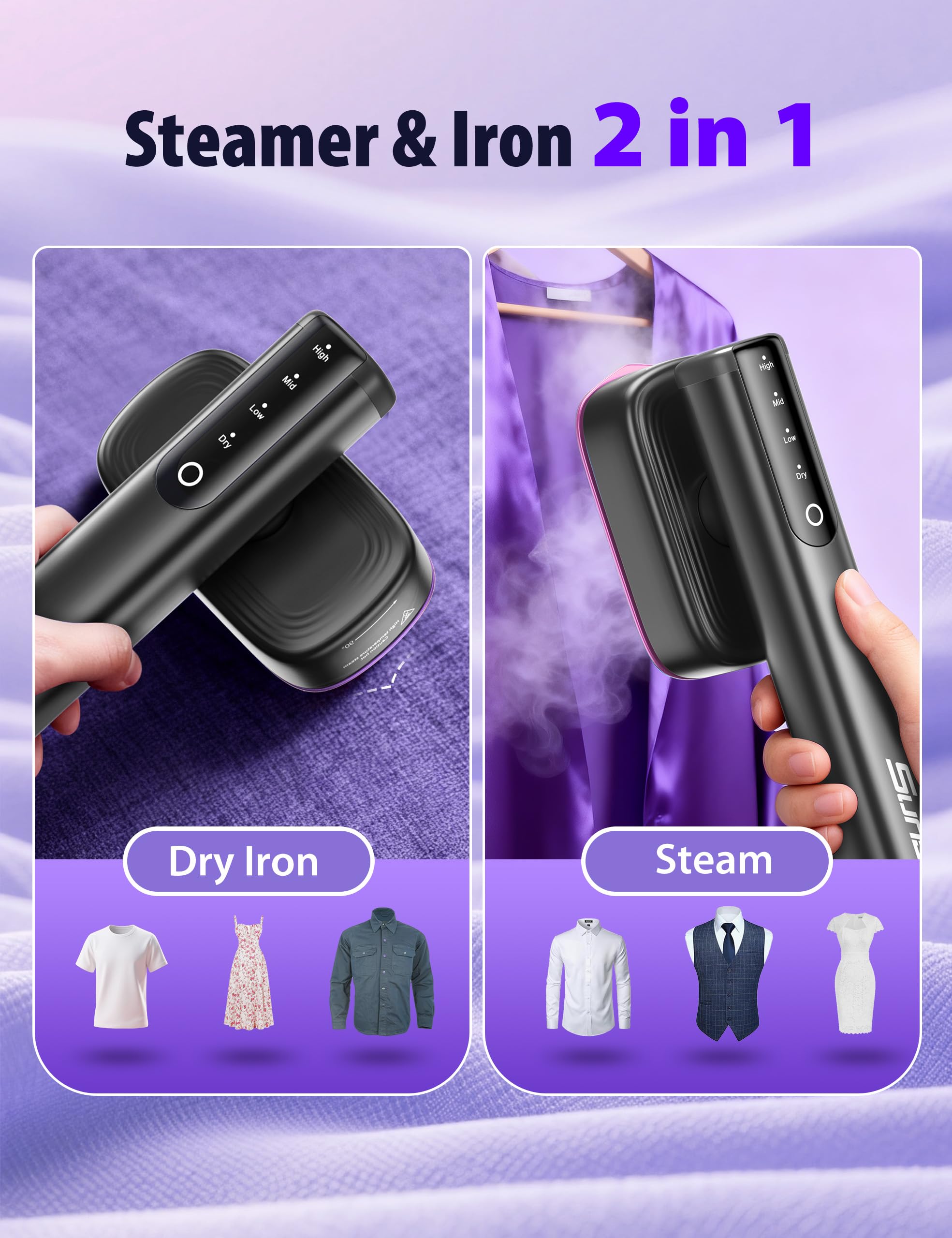 Sundu Travel Steamer 2-in-1 design for flat ironing and vertical steaming.