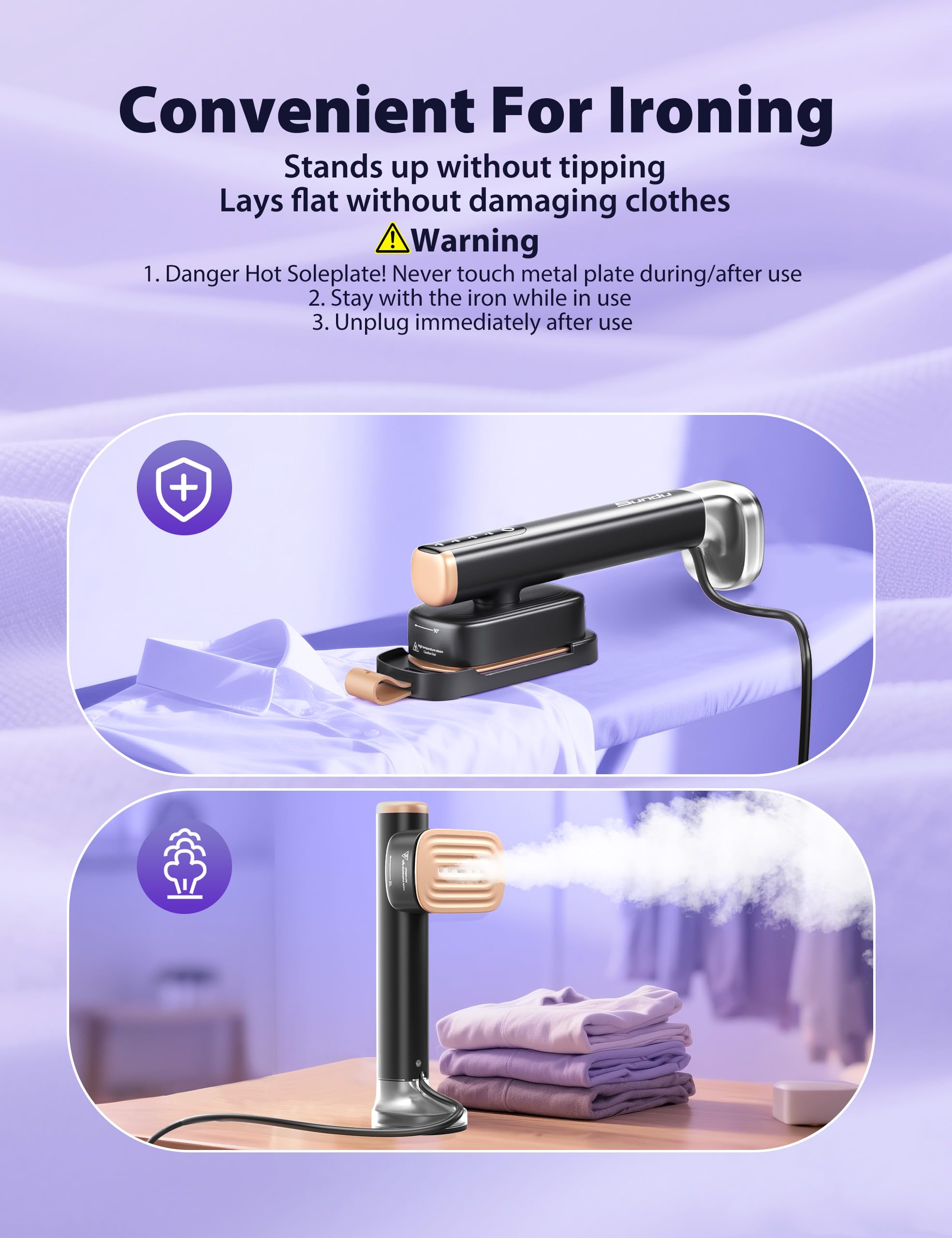 Sundu travel steamer safety features including insulated base and gloves.