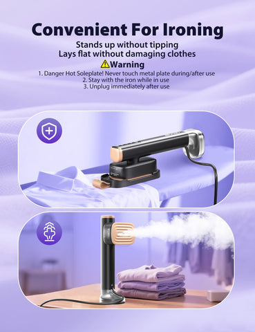 Sundu travel steamer safety features including insulated base and gloves.