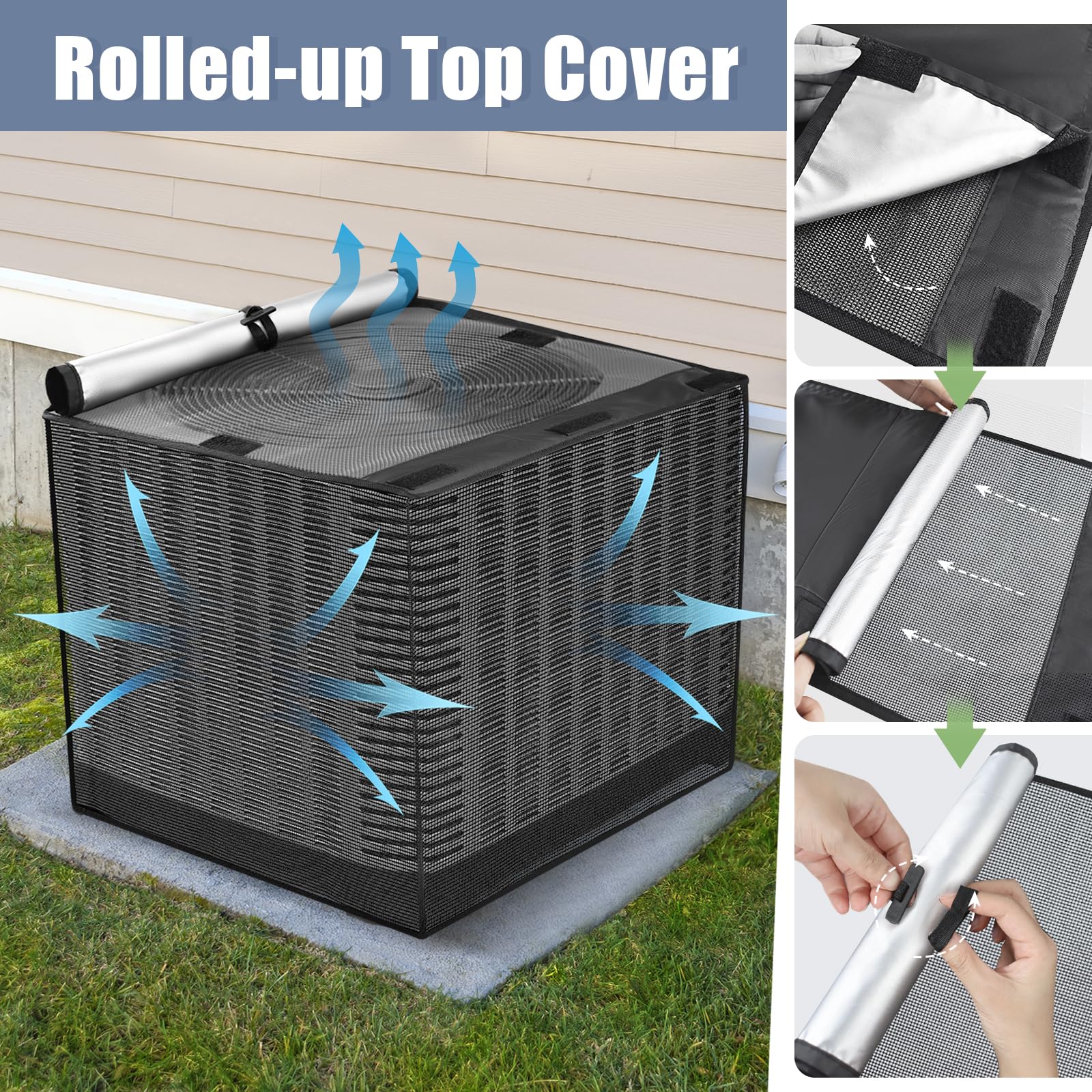 SUNICO unit cover blocks leaves and cottonwood debris for cleaner outdoor AC operation.
