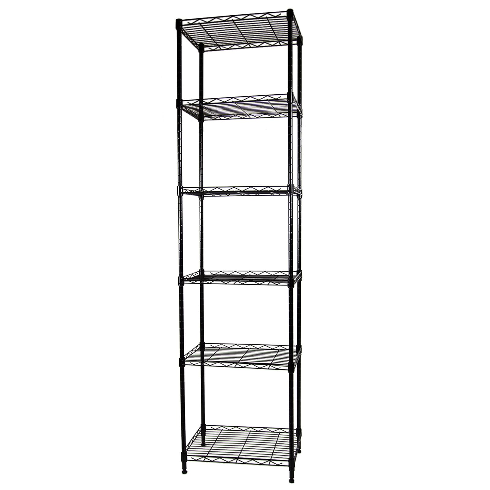 SUNLPH 6-tier shelving unit in black finish for compact laundry storage efficiency.