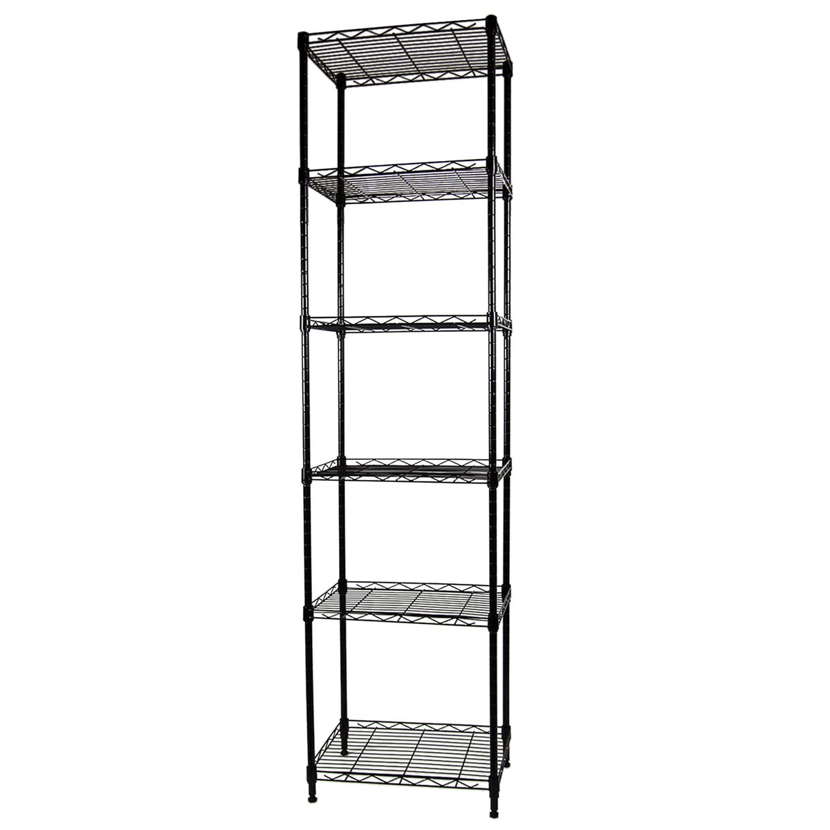 SUNLPH 6-tier shelving unit in black finish for compact laundry storage efficiency.