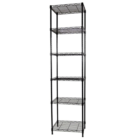 SUNLPH 6-tier shelving unit in black finish for compact laundry storage efficiency.