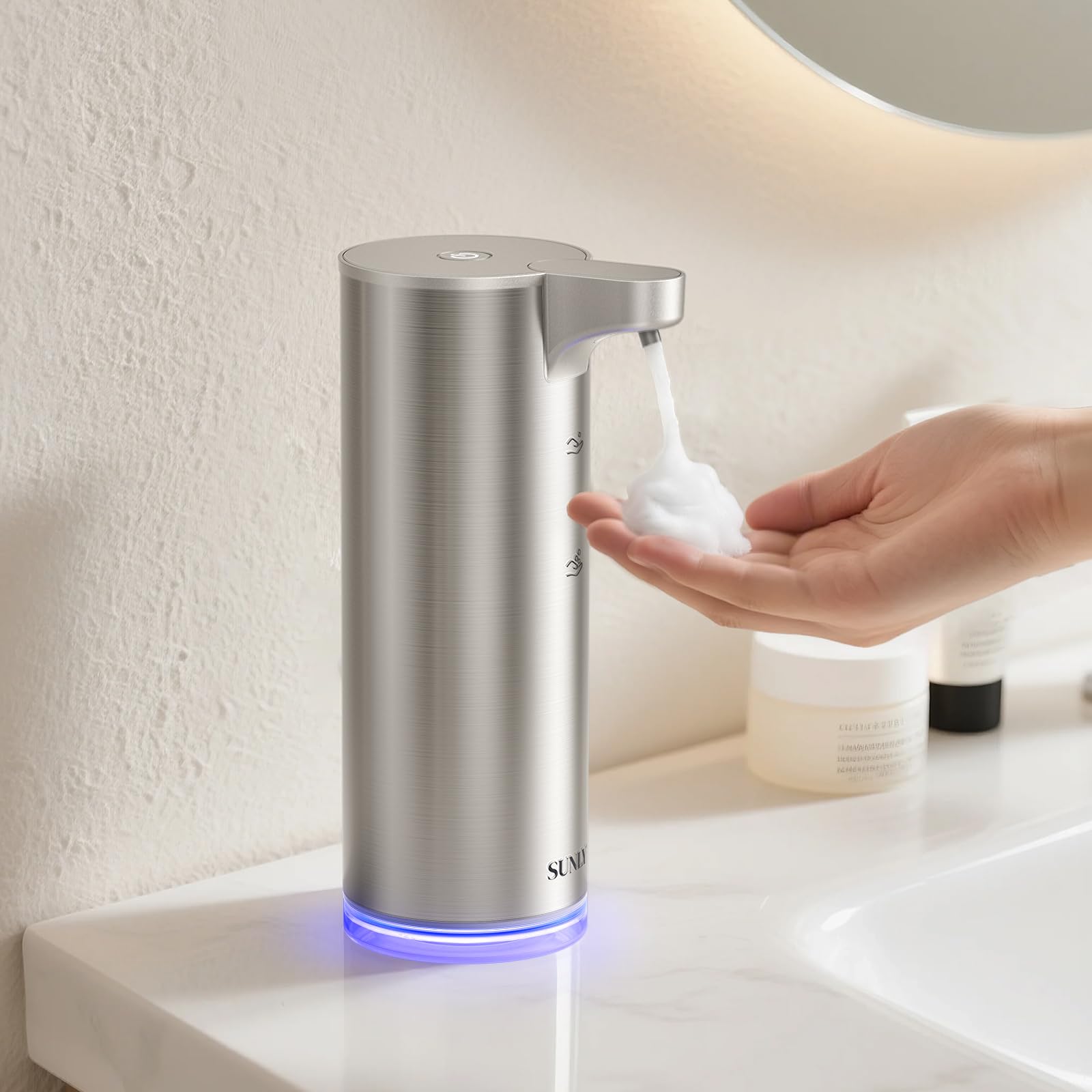 SUNLY Automatic Foaming Soap Dispenser front view in silver for touchless handwashing