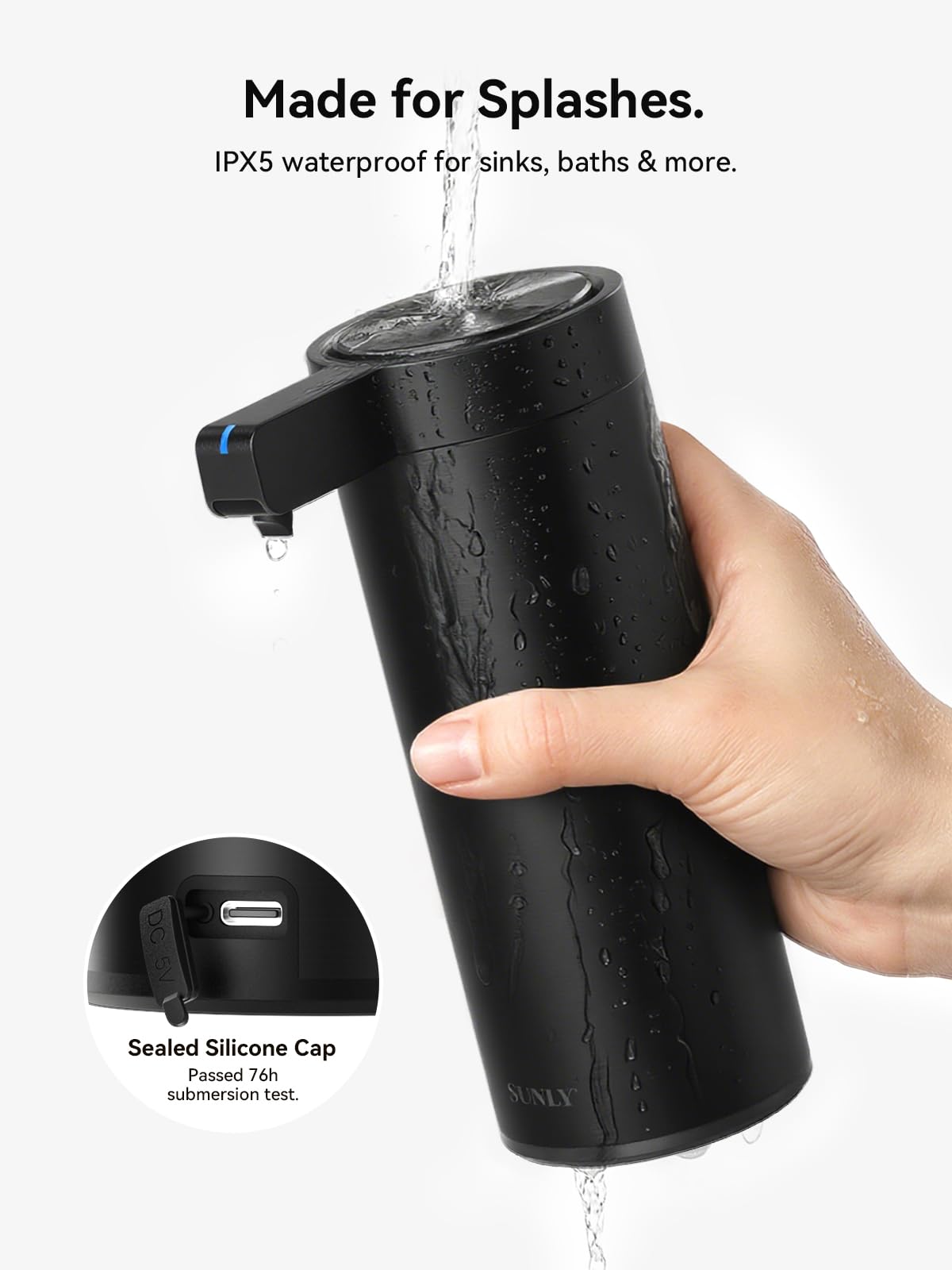 SUNLY IPX5 waterproof design shields against splashes at sinks and counters.