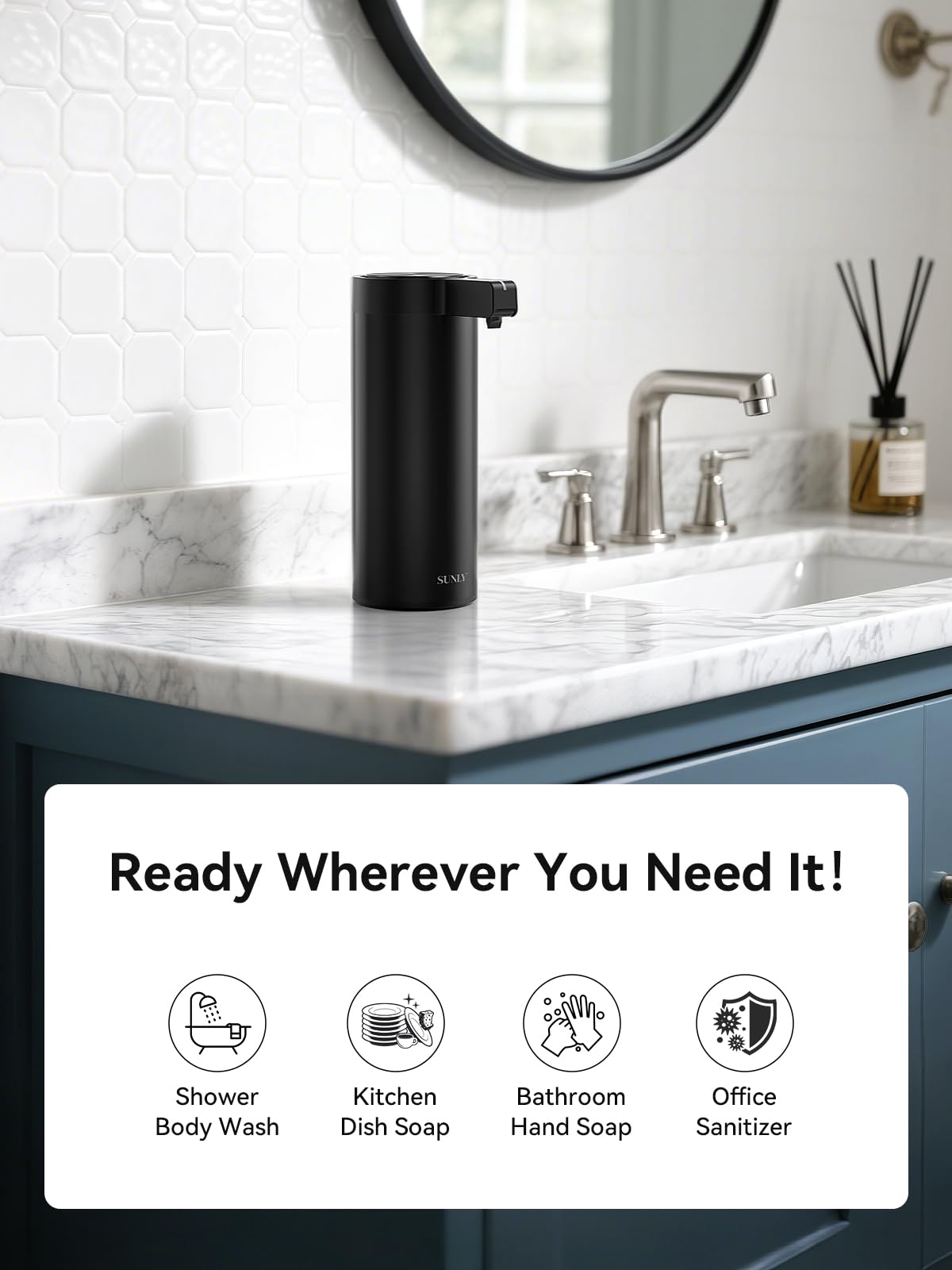 SUNLY three-dispense modes support gentle skincare and quick dish cleaning.
