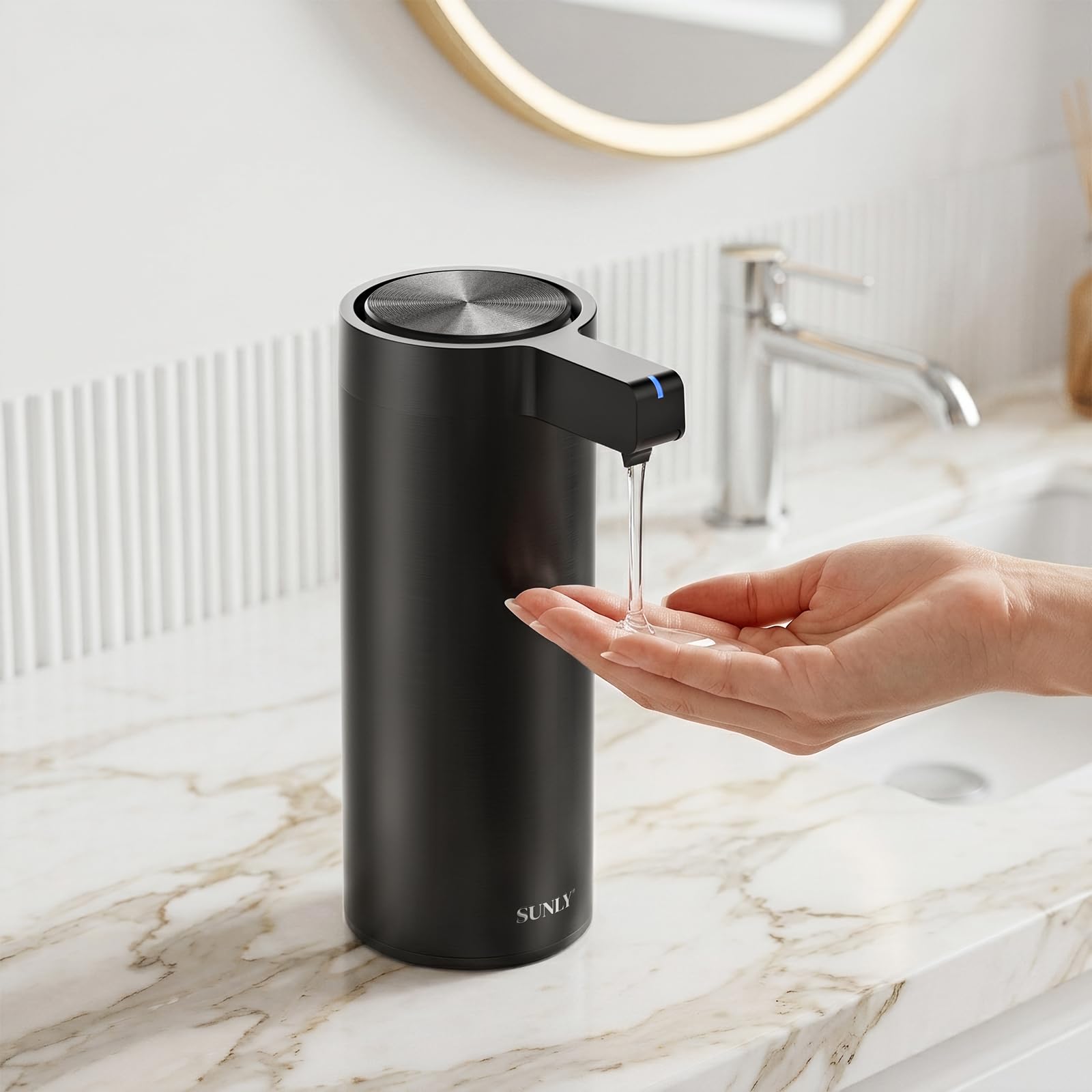 SUNLY touchless dispenser front view shows smudge-resistant black stainless steel for clean counters.