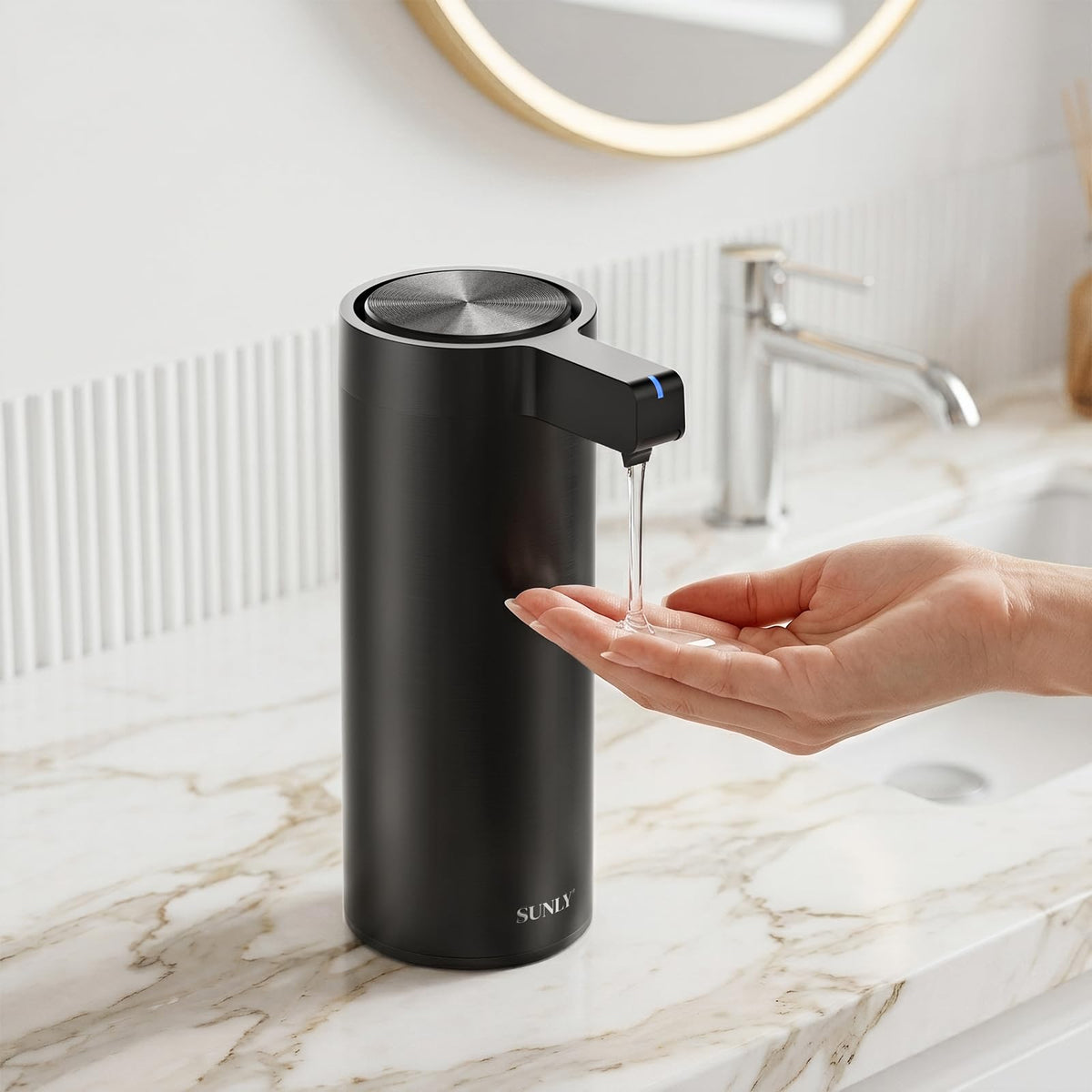 SUNLY touchless dispenser front view shows smudge-resistant black stainless steel for clean counters.