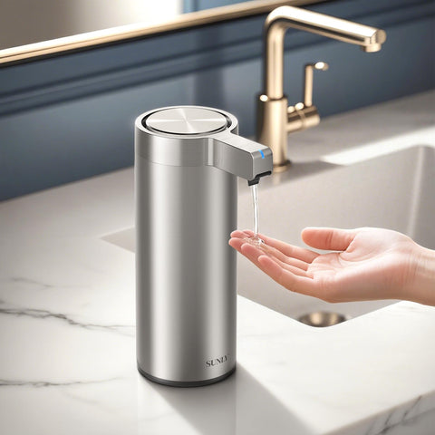 SUNLY touchless dispenser front view with sleek stainless steel finish for modern kitchens