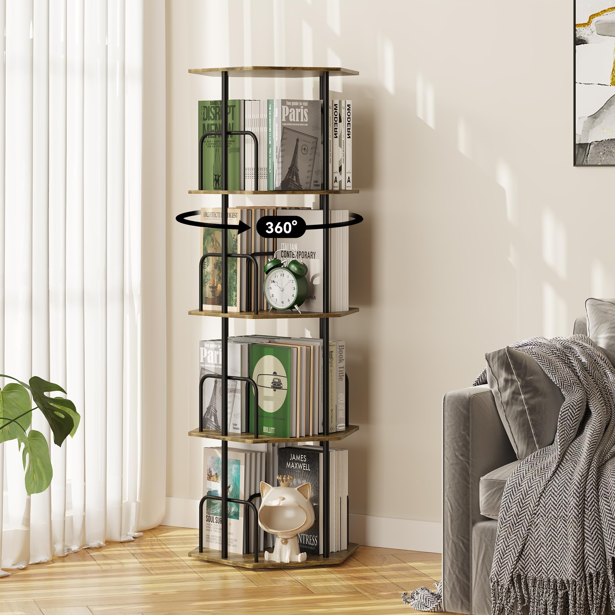 SUNMORY 4-tier rotating bookshelf tower—easy access from any angle.
