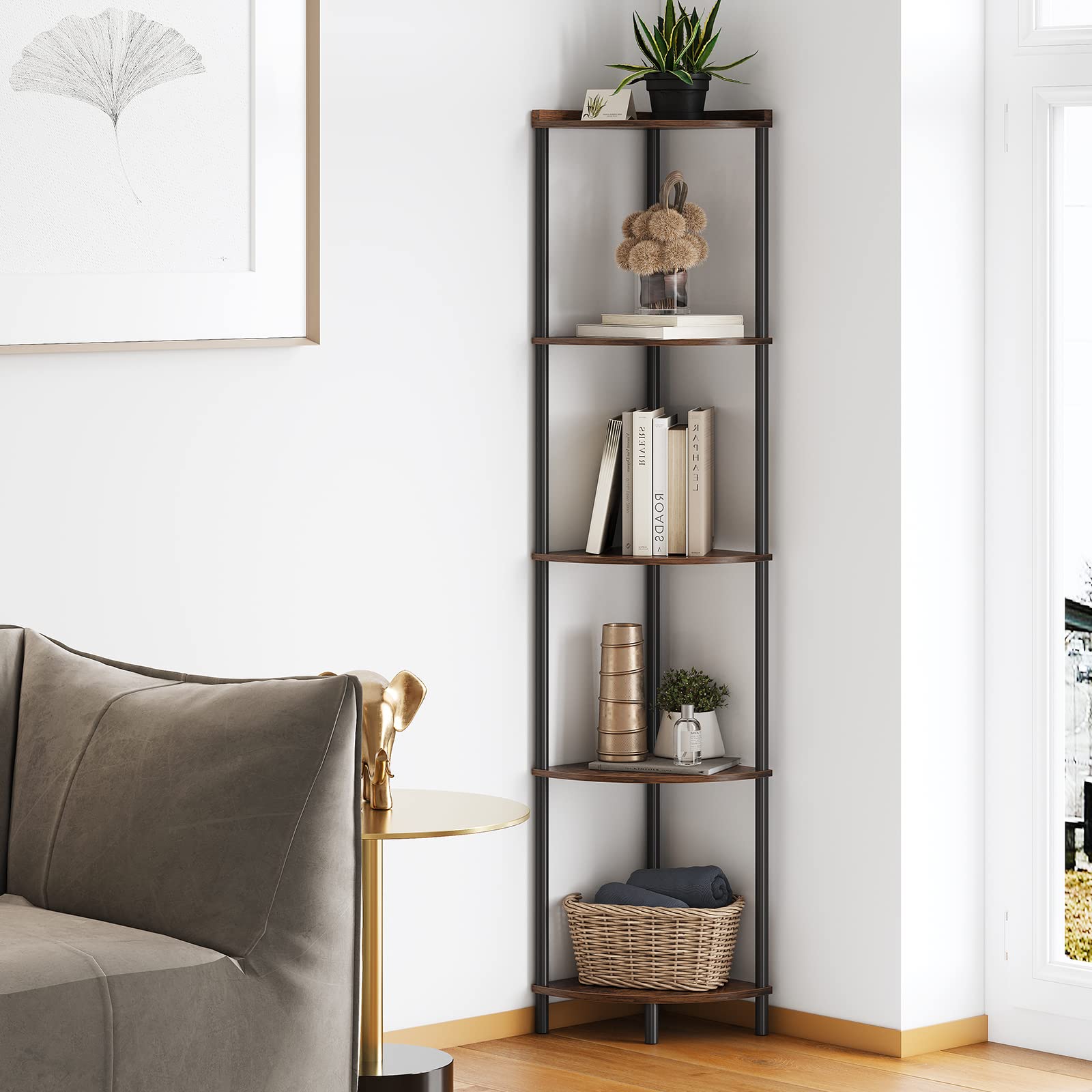 Sunmory 5-tier corner shelf assembly showing space-saving storage in a compact room