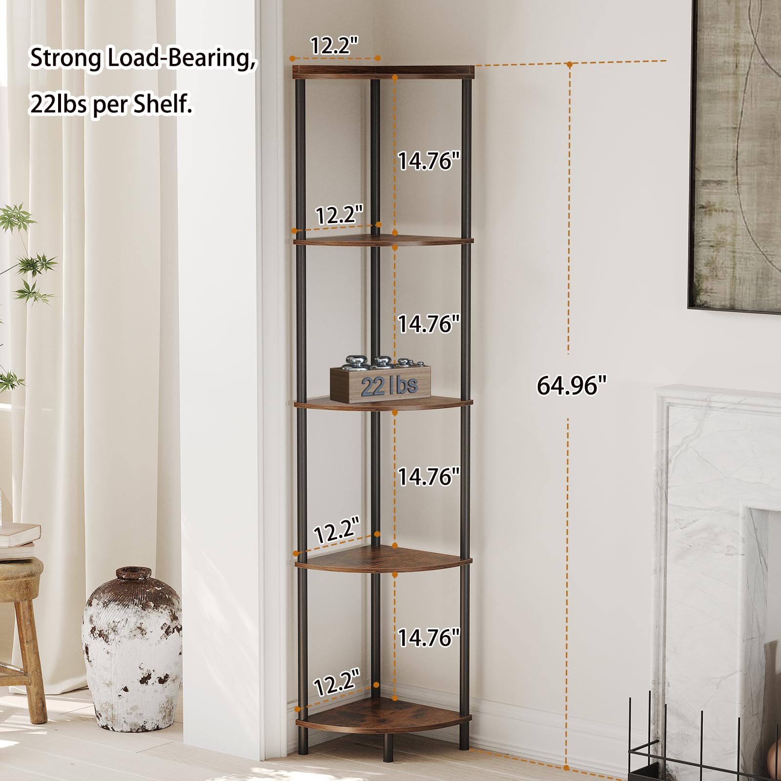 Sunmory corner shelf in living room displaying books and decor neatly