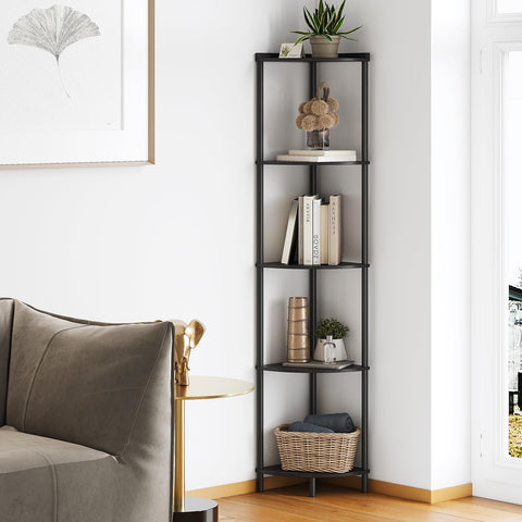 Sunmory 5-tier corner shelf stand demonstrates space-saving corner storage.