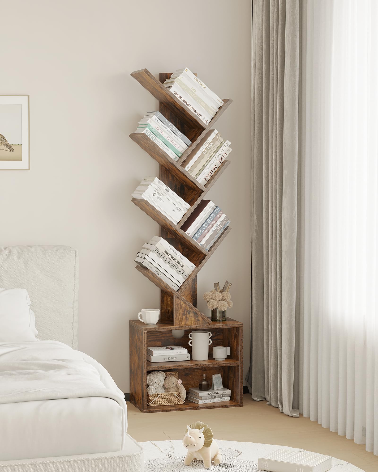 SUNMORY tree bookshelf in living room and bedroom setups for versatile use