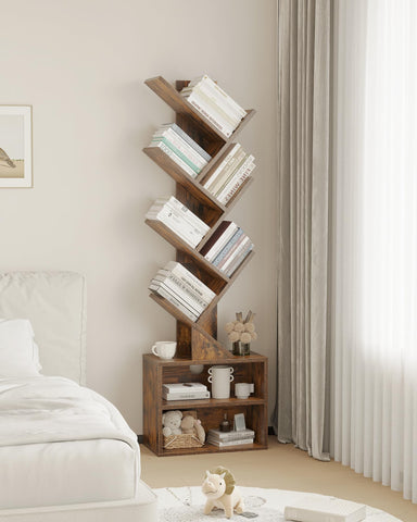 SUNMORY tree bookshelf in living room and bedroom setups for versatile use