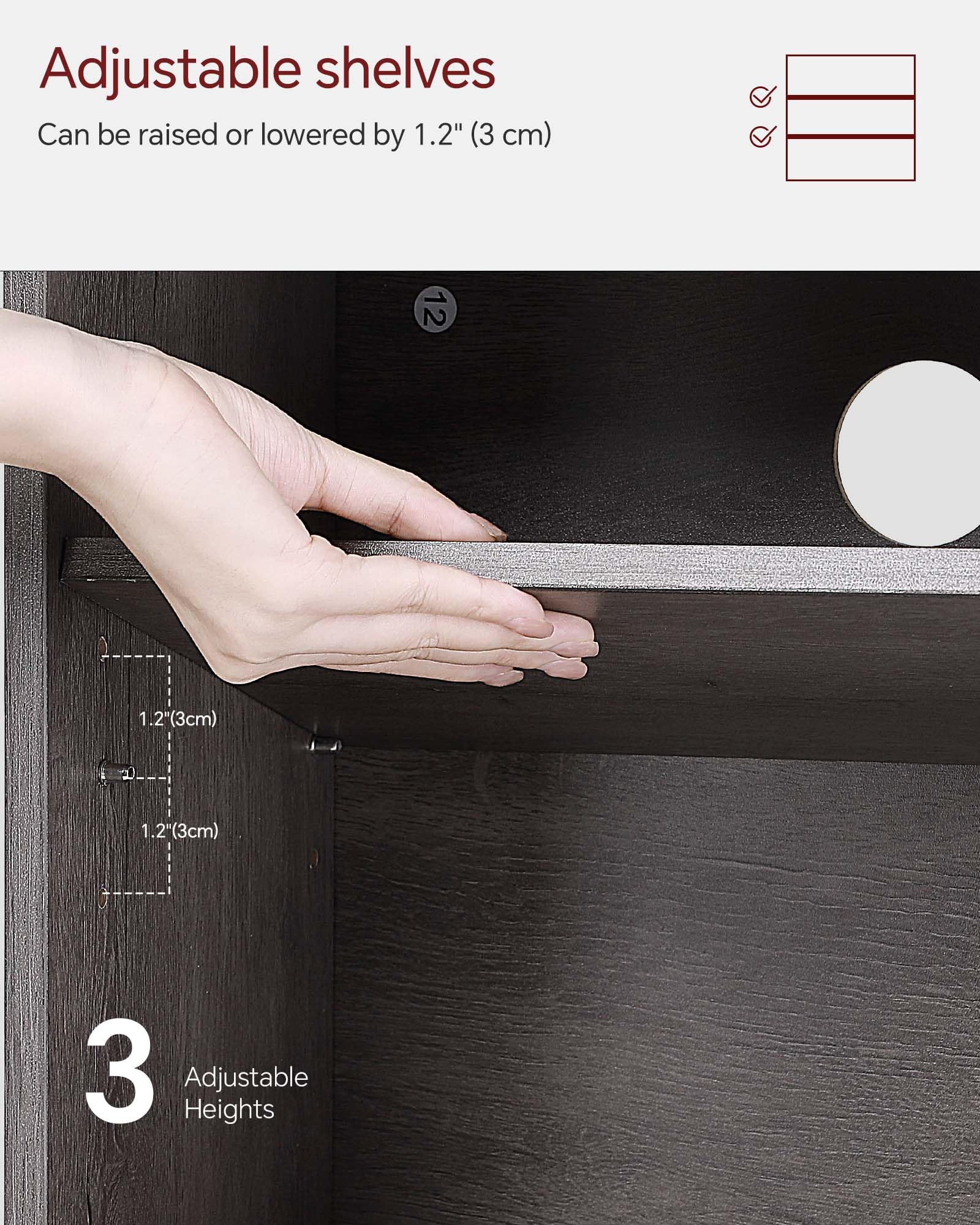 SUNMORY drawer-closed layout emphasizes tidy shelves for books and decor.