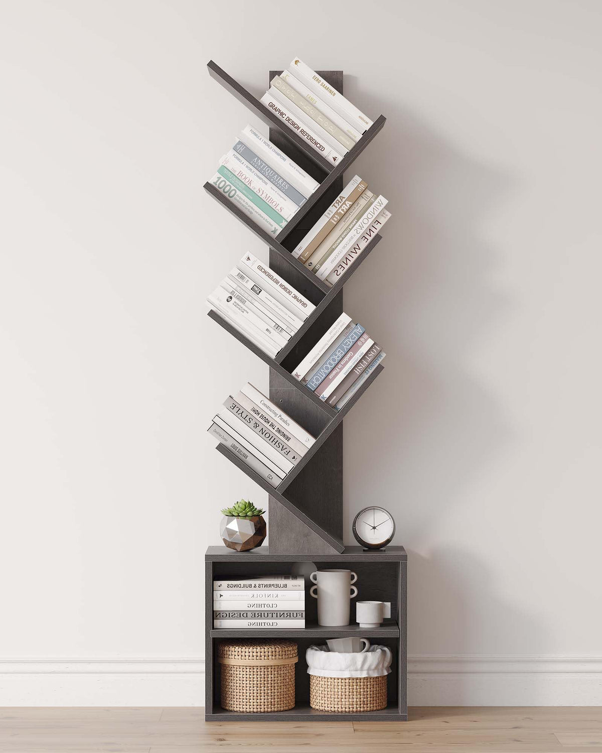 SUNMORY 6-tier tree bookshelf front view showing compact, space-saving design for small rooms.