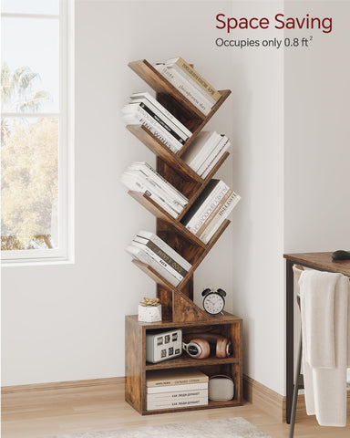 SUNMORY tree bookshelf front view presents a tall rustic brown silhouette