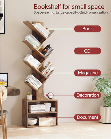 SUNMORY tree bookshelf rustic brown finish complements various interiors