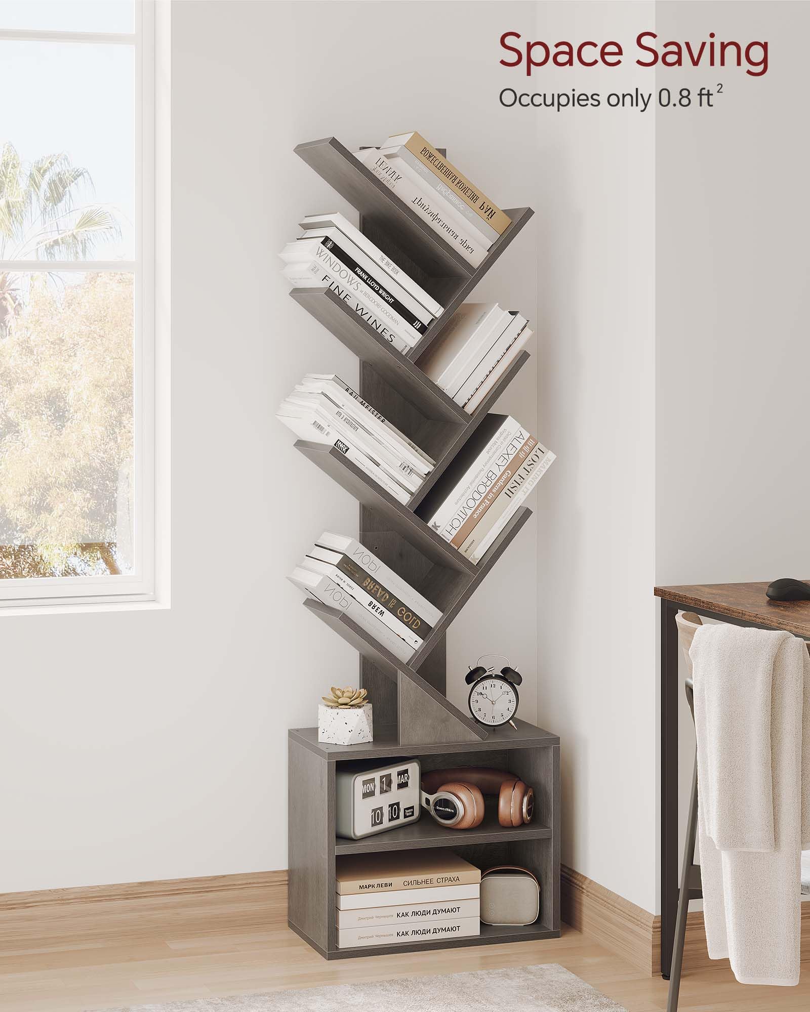 SUNMORY tree bookshelf side angle highlights tall storage and stable frame.