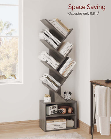 SUNMORY tree bookshelf side angle highlights tall storage and stable frame.