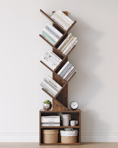 SUNMORY tree bookshelf side view shows a compact, space-saving footprint for corners