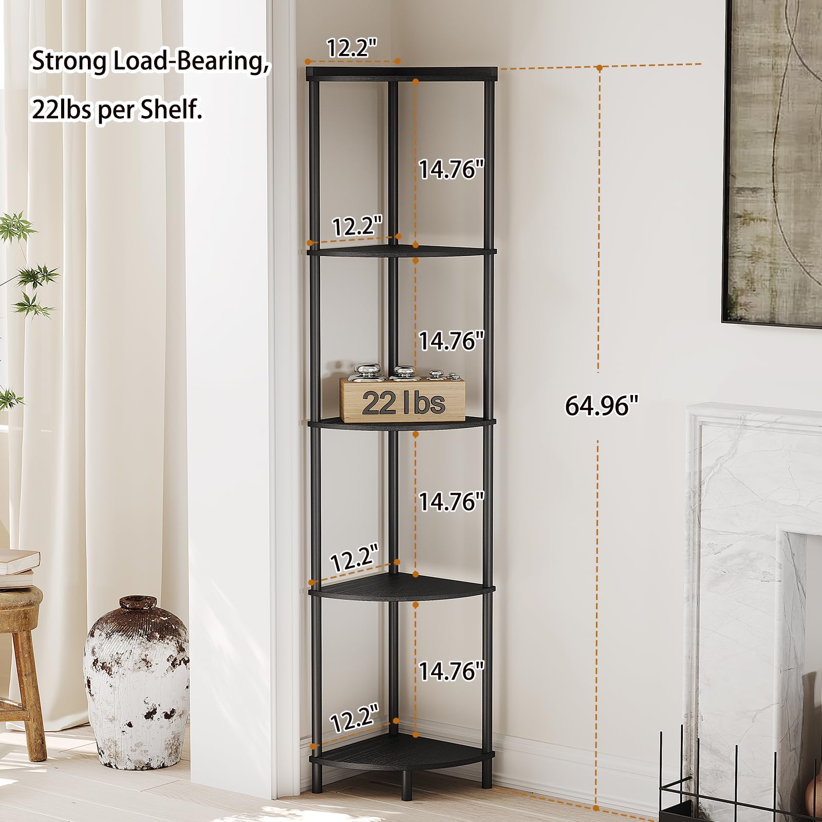 Sunmory corner shelf living-room display shows compact storage for books and decor.