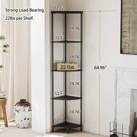 Sunmory corner shelf living-room display shows compact storage for books and decor.