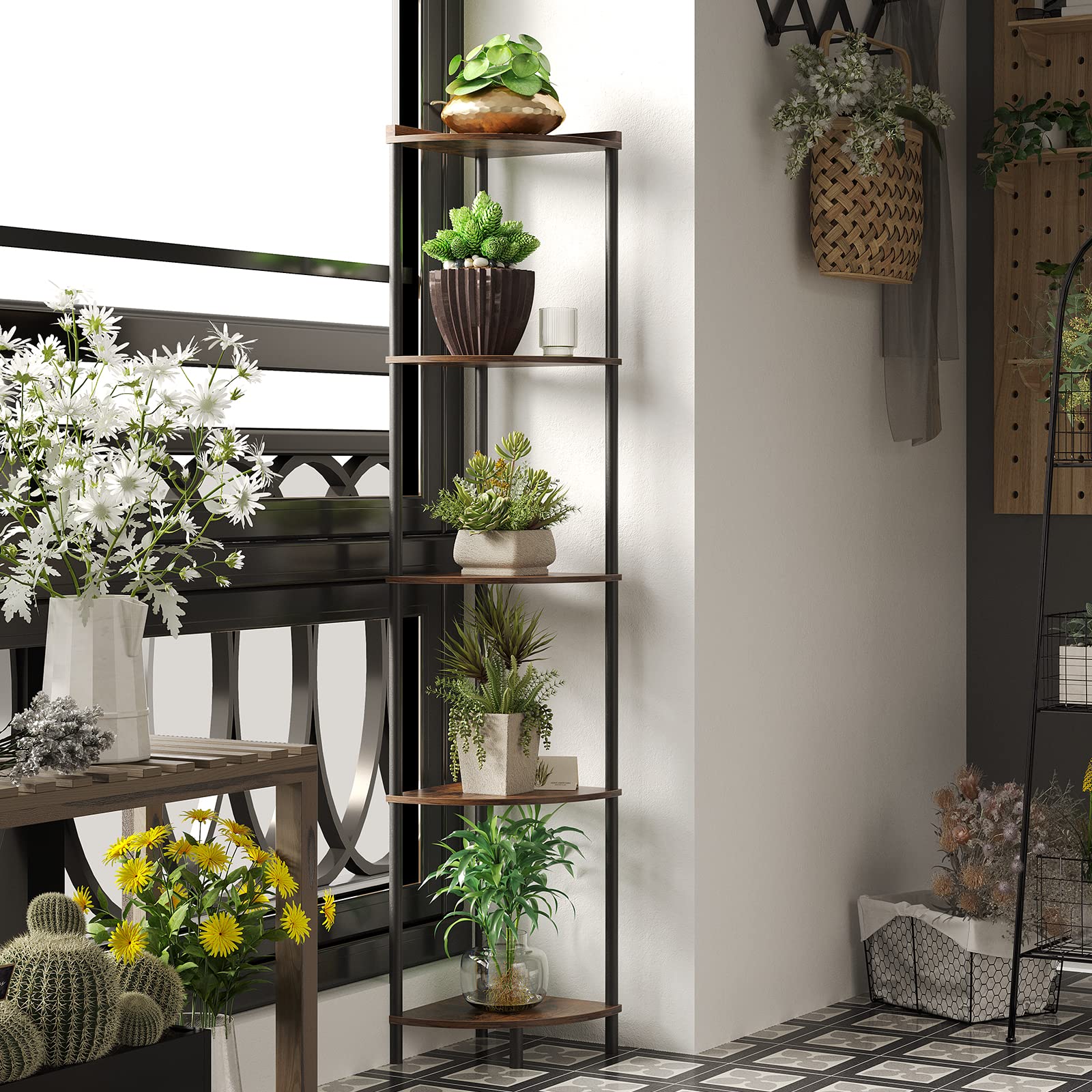 Sunmory corner shelf used as plant display for greenery and natural accents