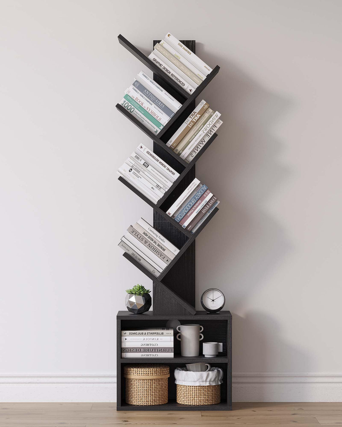 SUNMORY tree bookshelf close-up showing sturdy MDF construction for durable storage.
