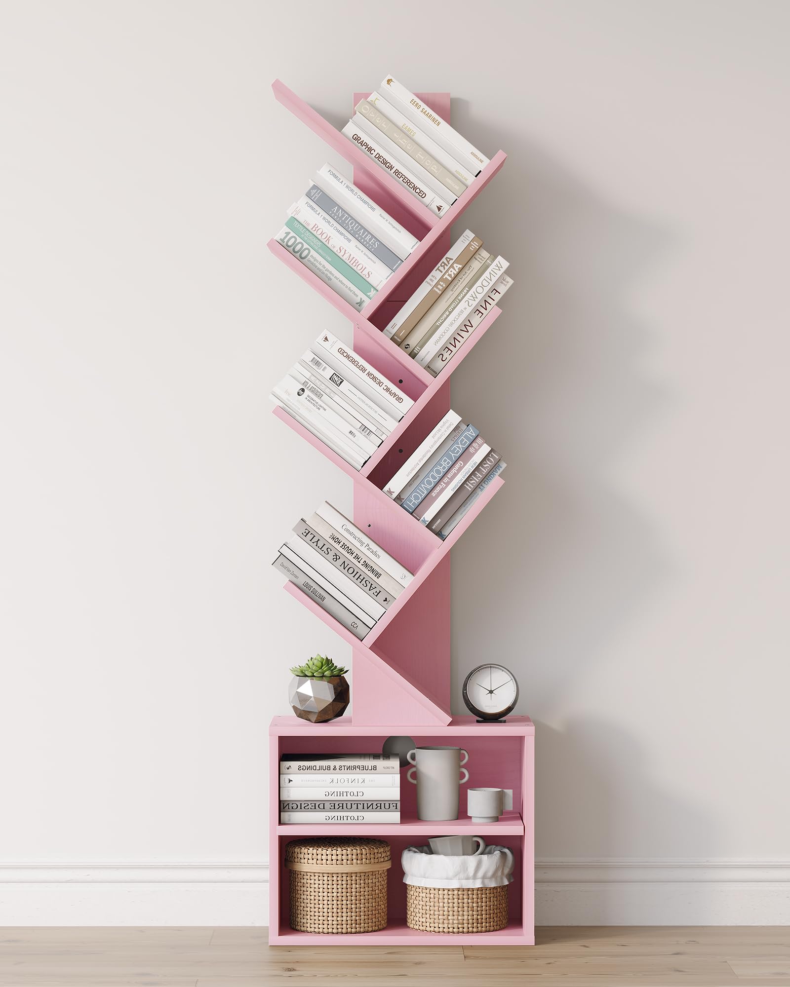 SUNMORY pink tree bookshelf with 6 shelves for organized living spaces.