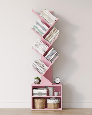 SUNMORY pink tree bookshelf with 6 shelves for organized living spaces.