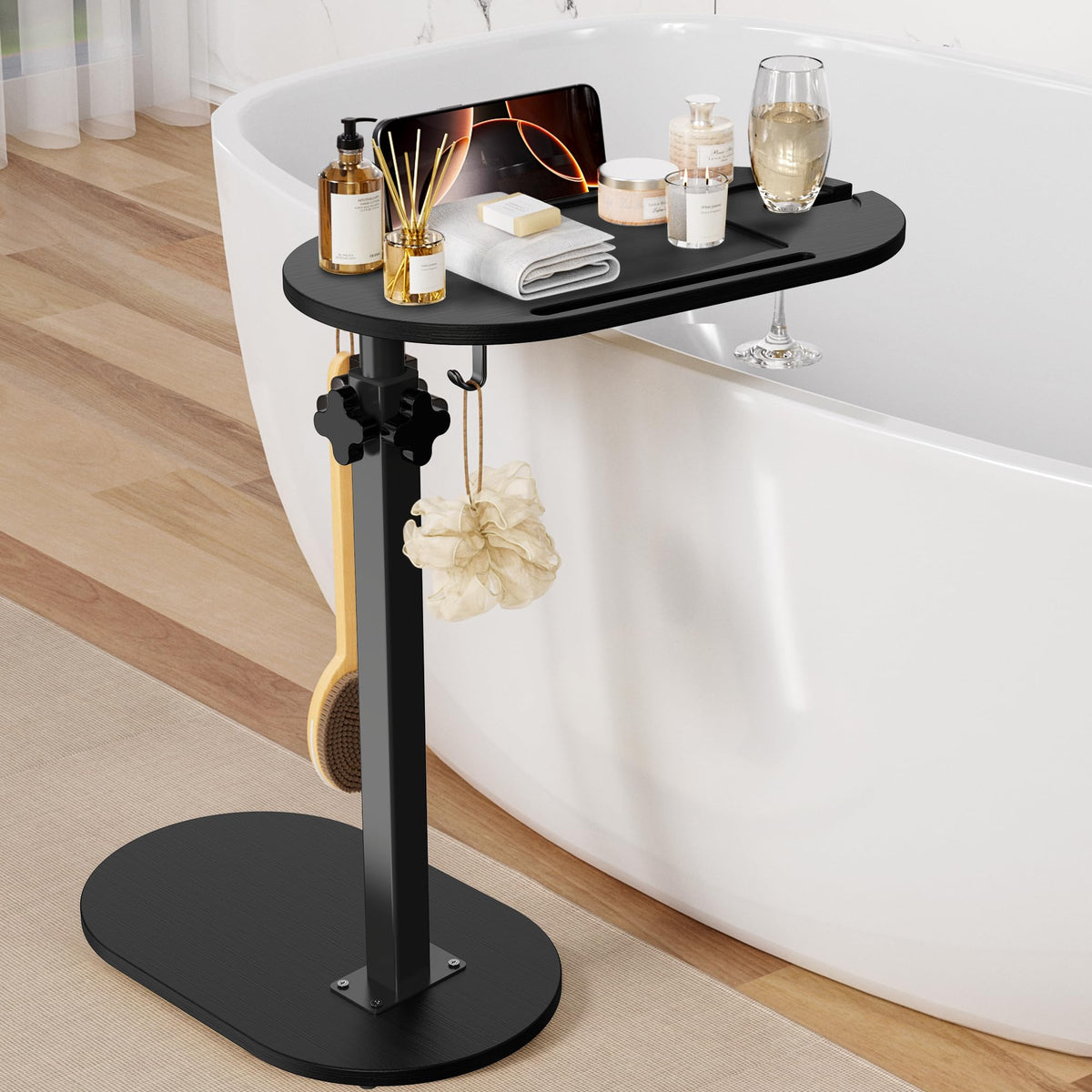 Sunnacate bamboo bathtray with adjustable height for a customized tub fit.
