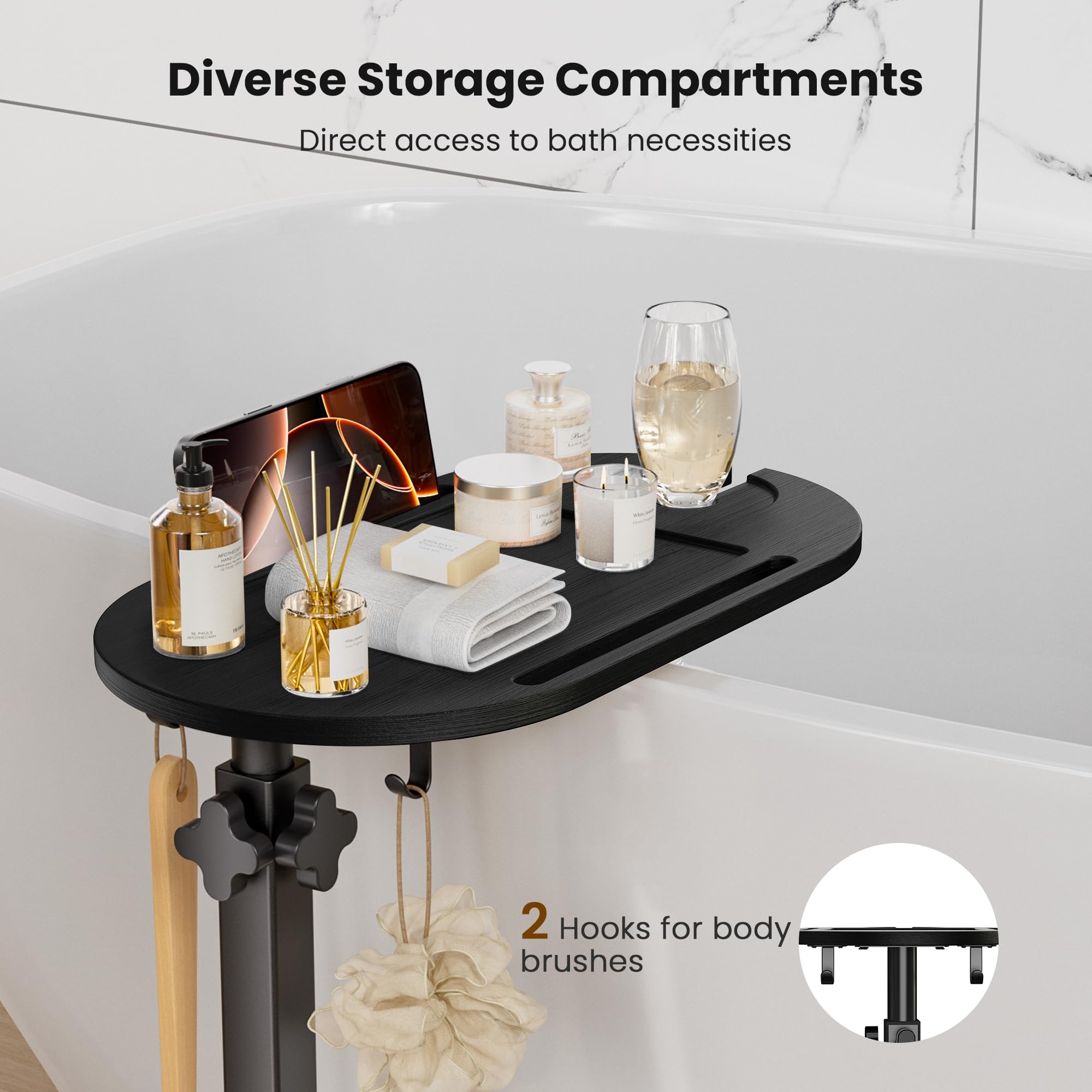 Sunnacate bathtray with two hooks keeps shampoo and soap within reach.