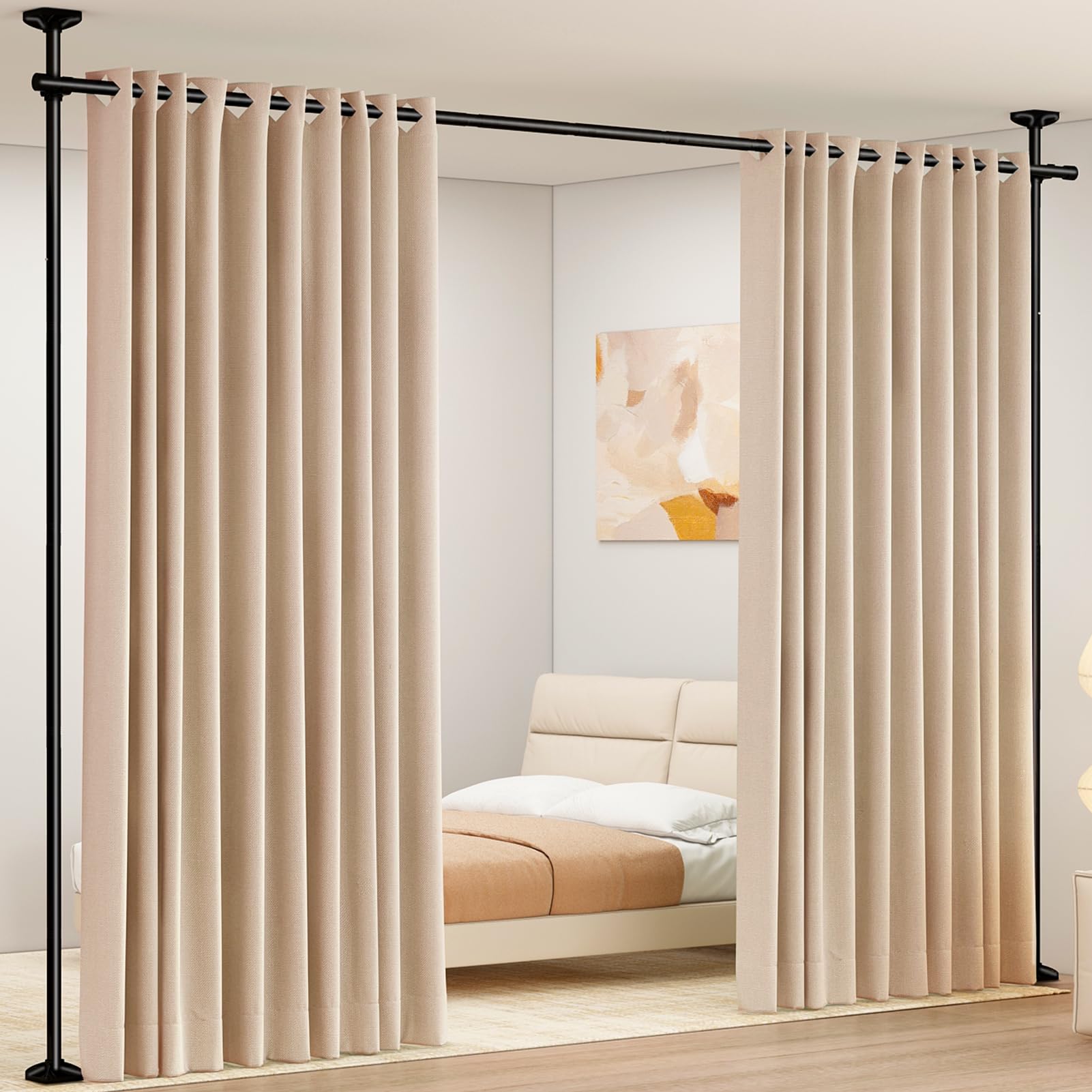 SUNALLY room divider rod angled view shows drill-free setup for rental spaces