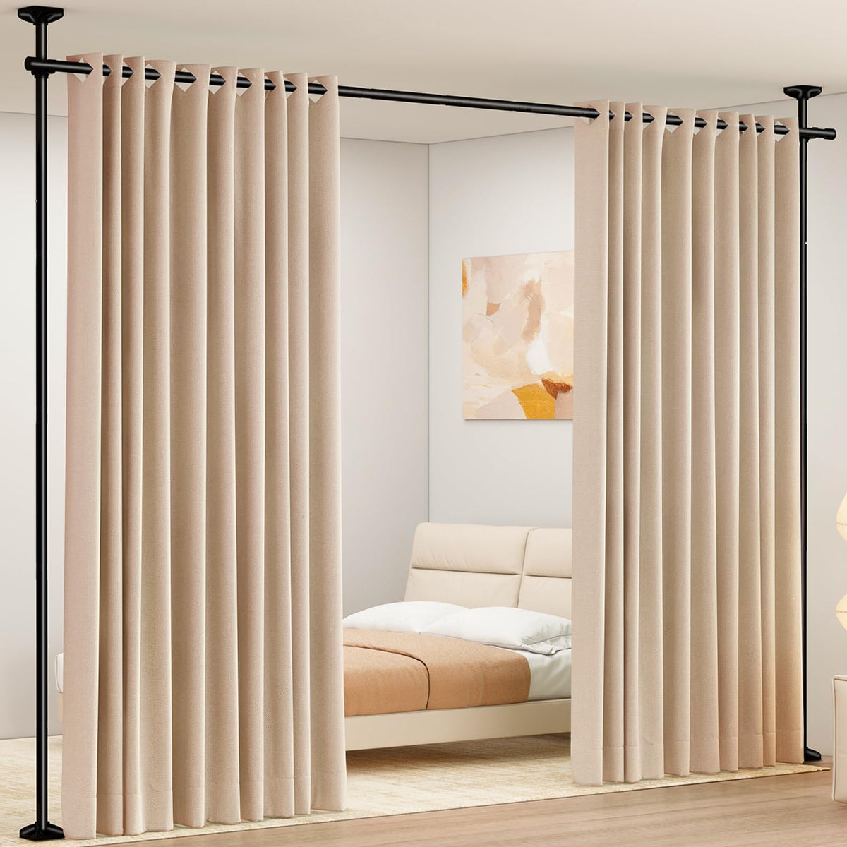 SUNALLY room divider rod angled view shows drill-free setup for rental spaces