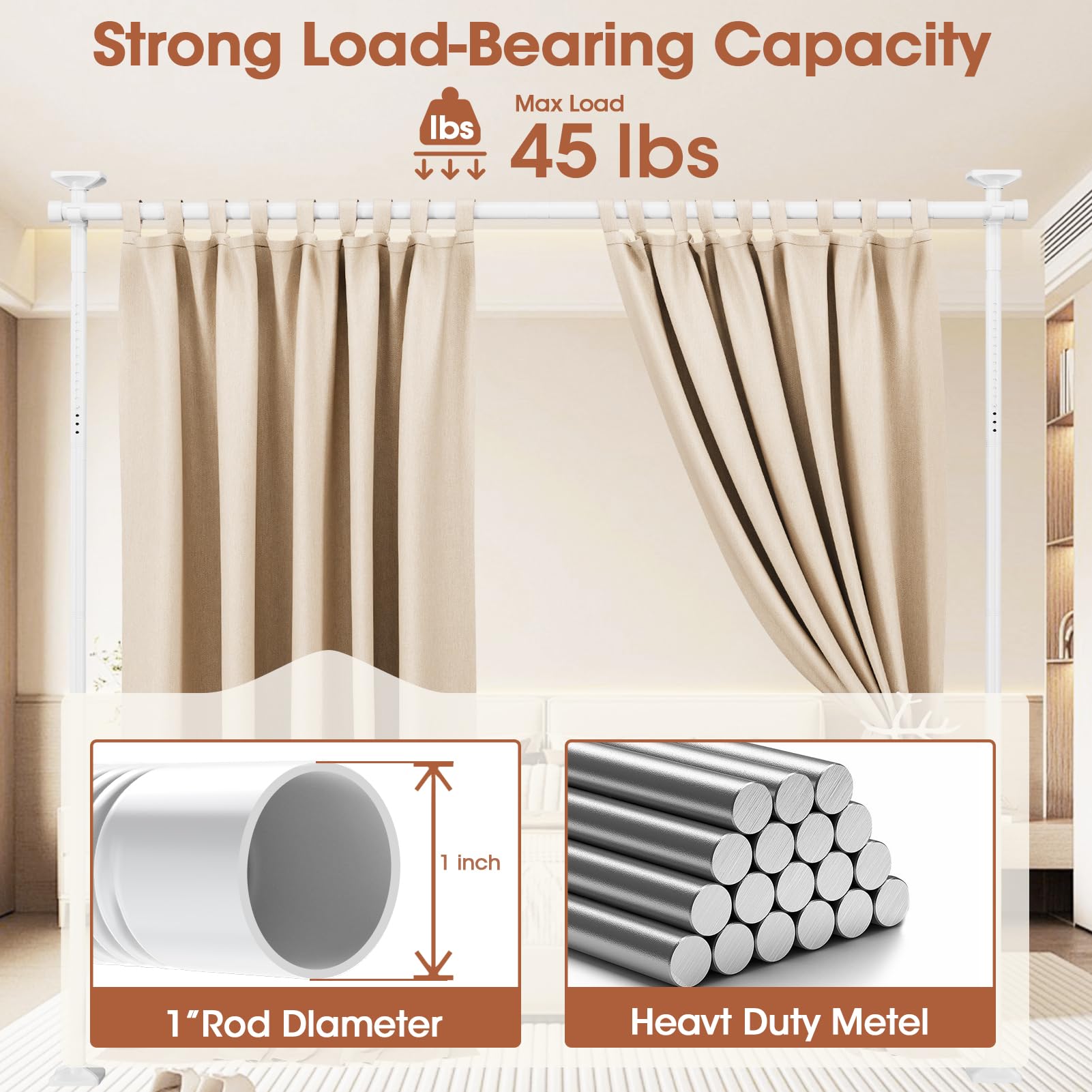 SUNALLY Room Divider Rod uses durable stainless steel to resist rust.