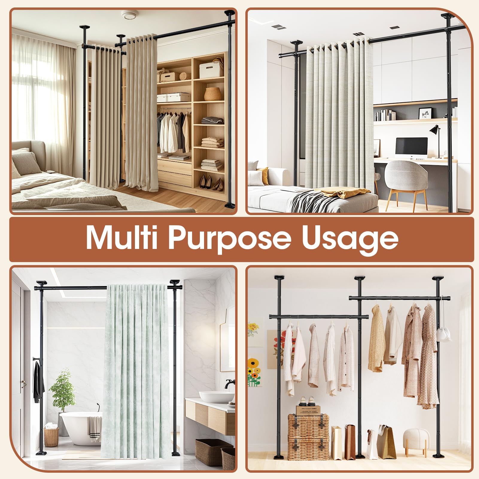 SUNALLY room divider rod horizontal or L-shaped setup for versatile layout
